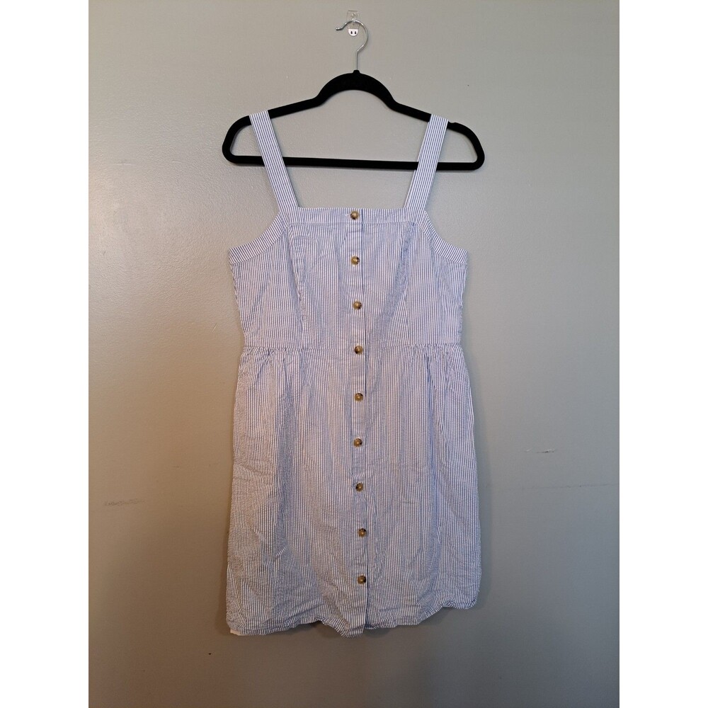 J Crew Dress Midi Button Up Sleeveless Stripe Seersucker Blue White Sz 10 Summer